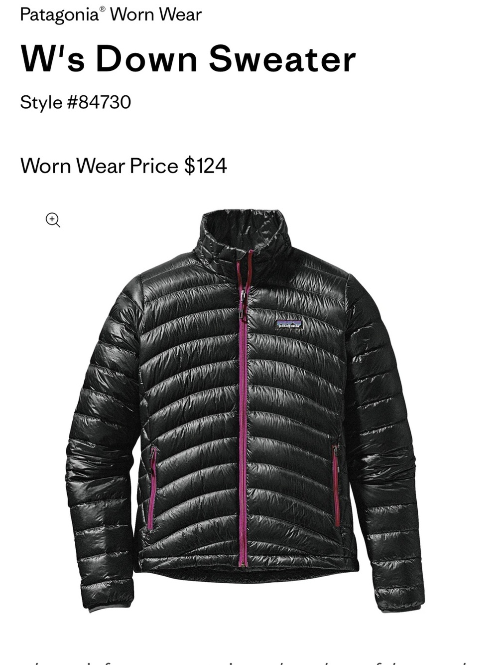 Patagonia W's Down Sweater Jacket - Black with Pink Zippers Color Raven XL